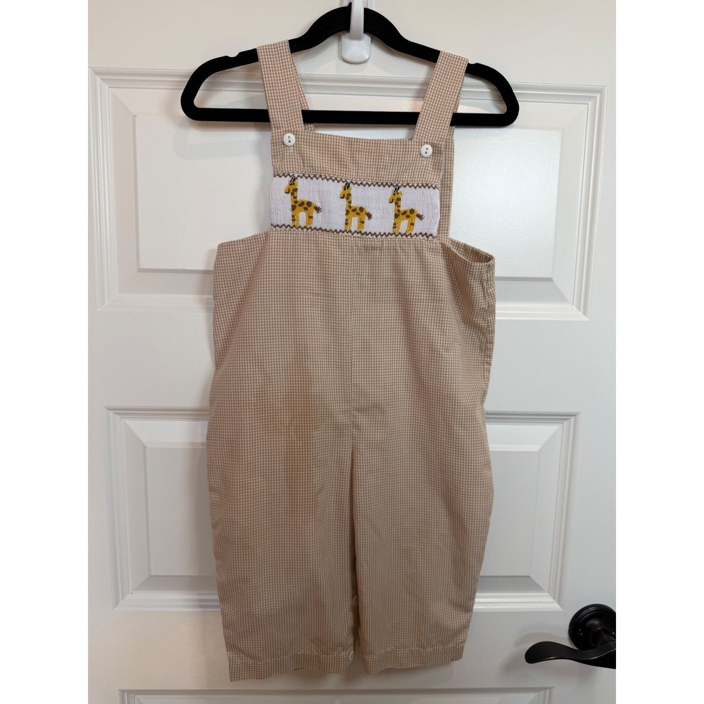 Royal Child Tan Gingham Giraffe Smocked Longall Overalls 24M Toddler Boys